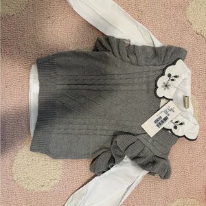 Gray Cable-Knit Ruffle Sleeve Sweater with Embroidered Collar